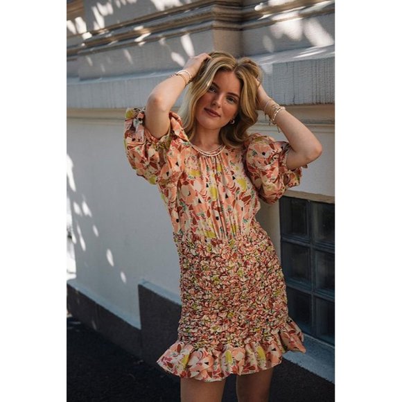 🆕 By TiMo Shirred Smocked Ruffle Crepe Satin Mini Dress Floral Medium - Picture 1 of 16